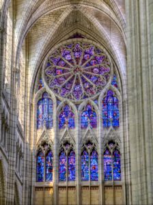 Detail of the stained glass in the eastern wall of the cathedral.