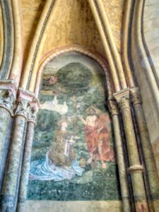 A 16th century mural, recently discovered hidden under plaster and restored - Jesus appearing to Mary Magdelene. 