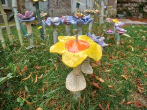 Lovely art installation of ceramic flowers