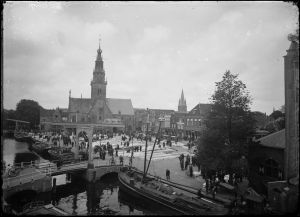 Panorama from Voordam showing cheese market, weigh house, Houttil, Schapenbrug.